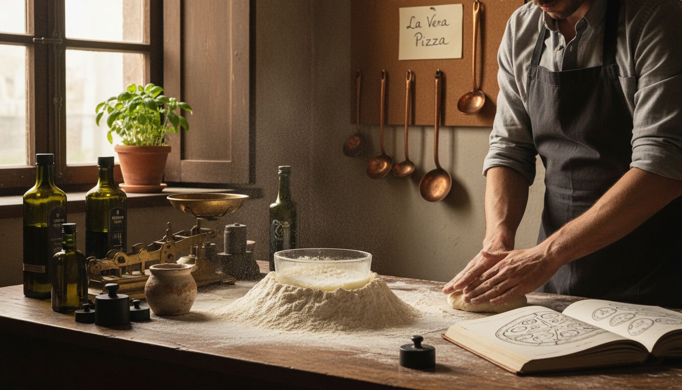Sunlit kitchen with Italian pizza dough ingredients