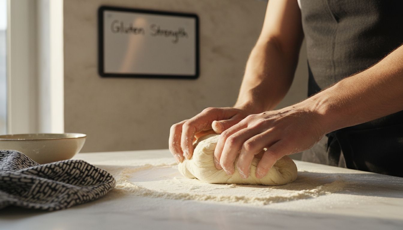 Hands kneading pizza dough on marble counter