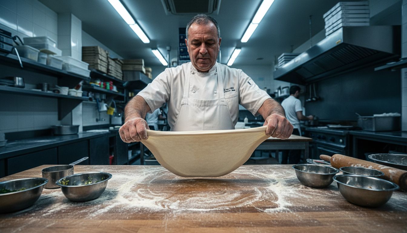 Pizza chef stretching dough on floured table