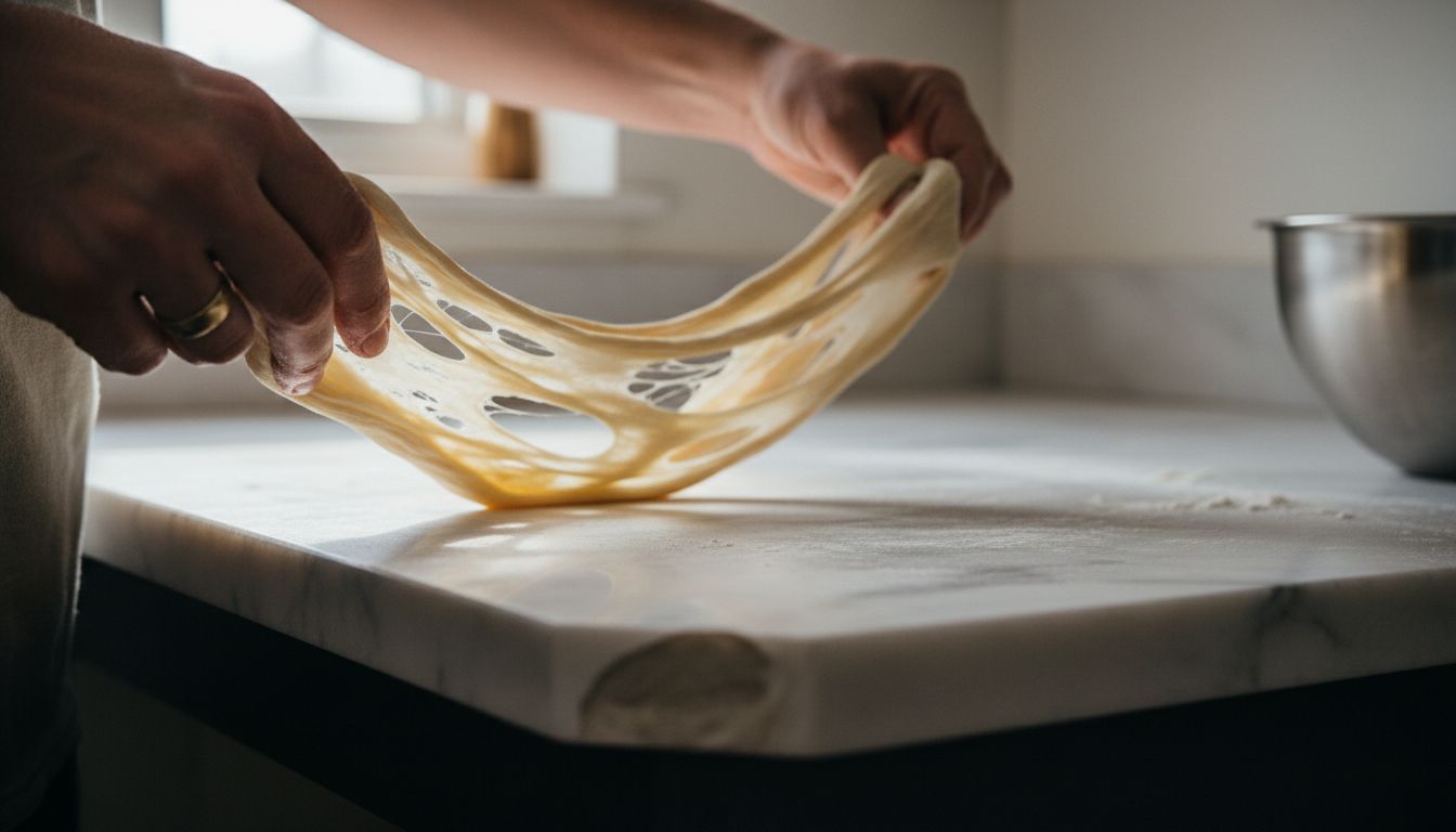 Hands pulling elastic pizza dough close up