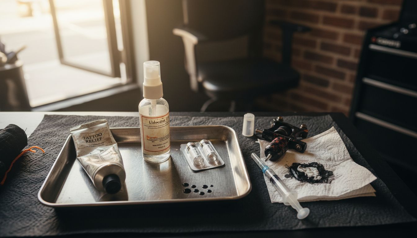 Assorted numbing products on tattoo tray