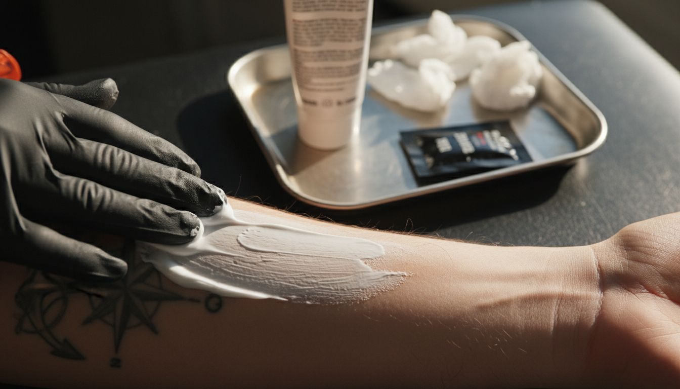 Applying numbing cream to forearm tattoo area