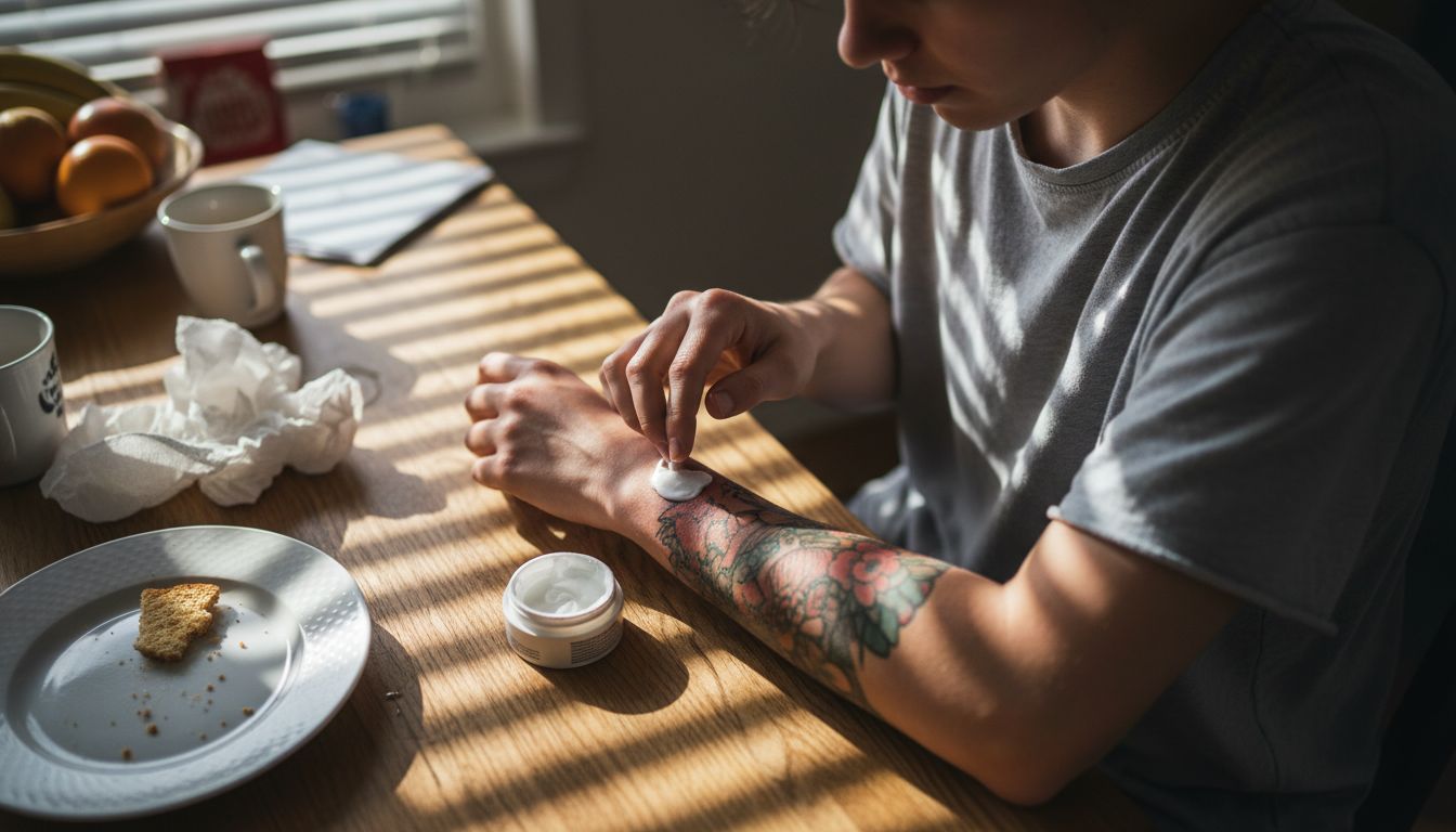 Applying cream to a red healing tattoo