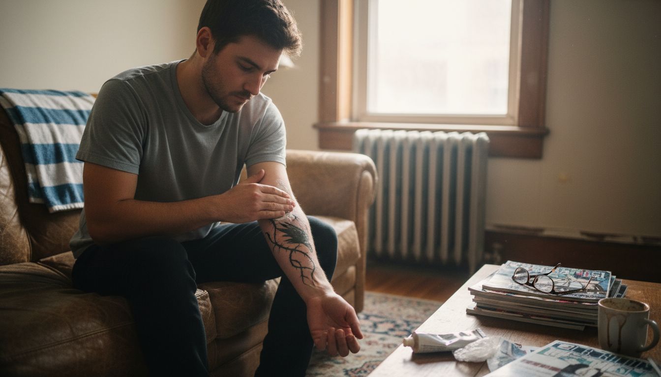 Person applying ointment to fresh tattoo