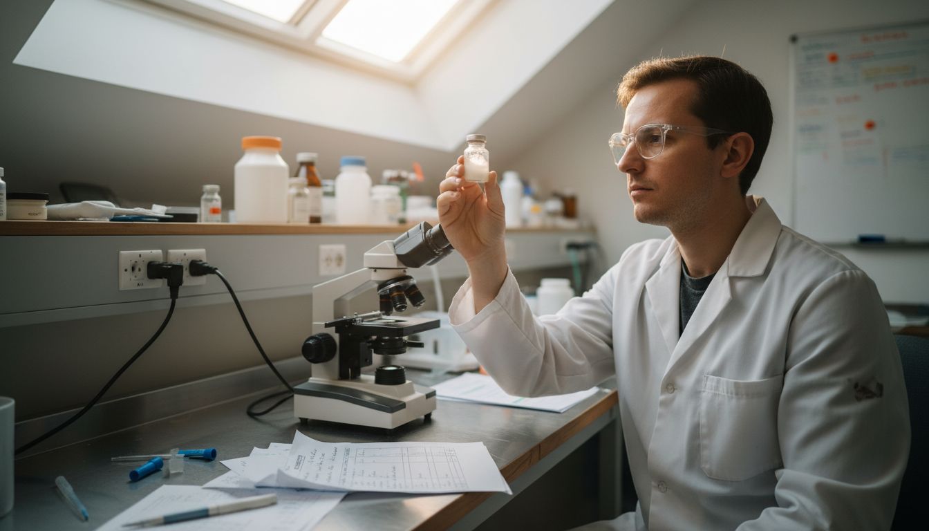 Lab technician studies cream innovation vial