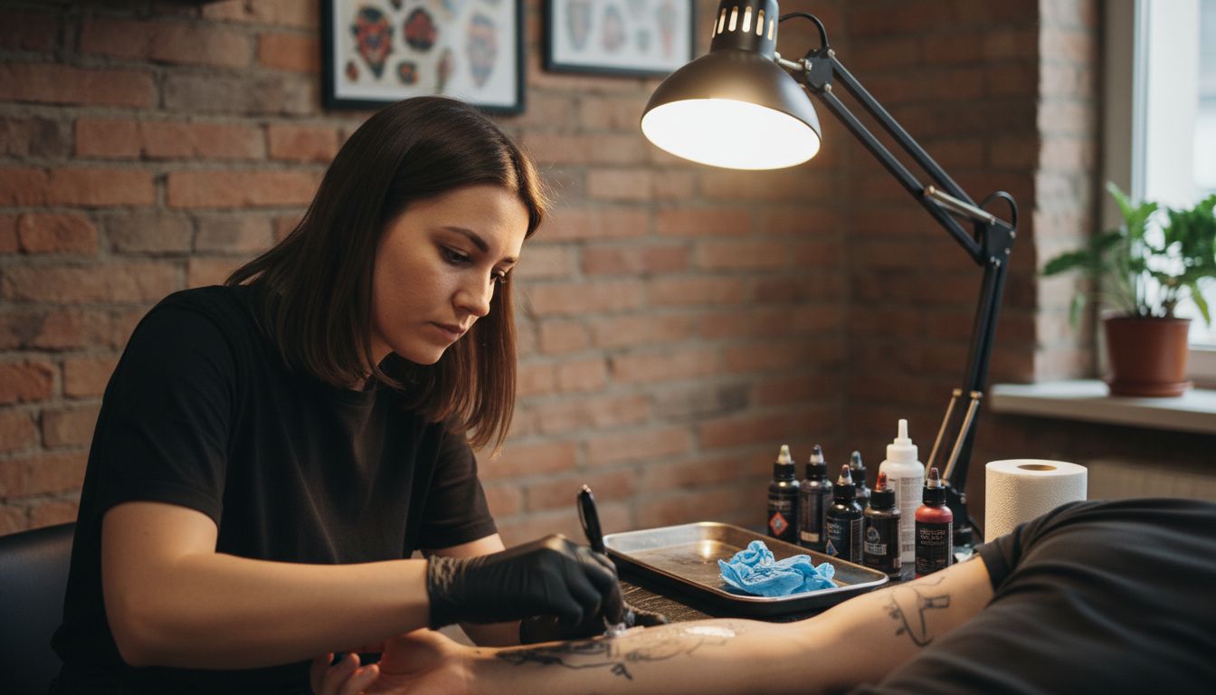 Tattoo artist applies numbing gel to arm