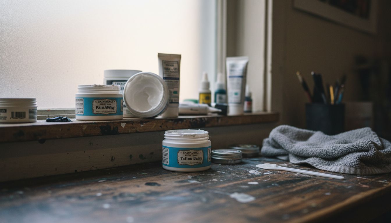 Various tattoo creams and aftercare items on shelf