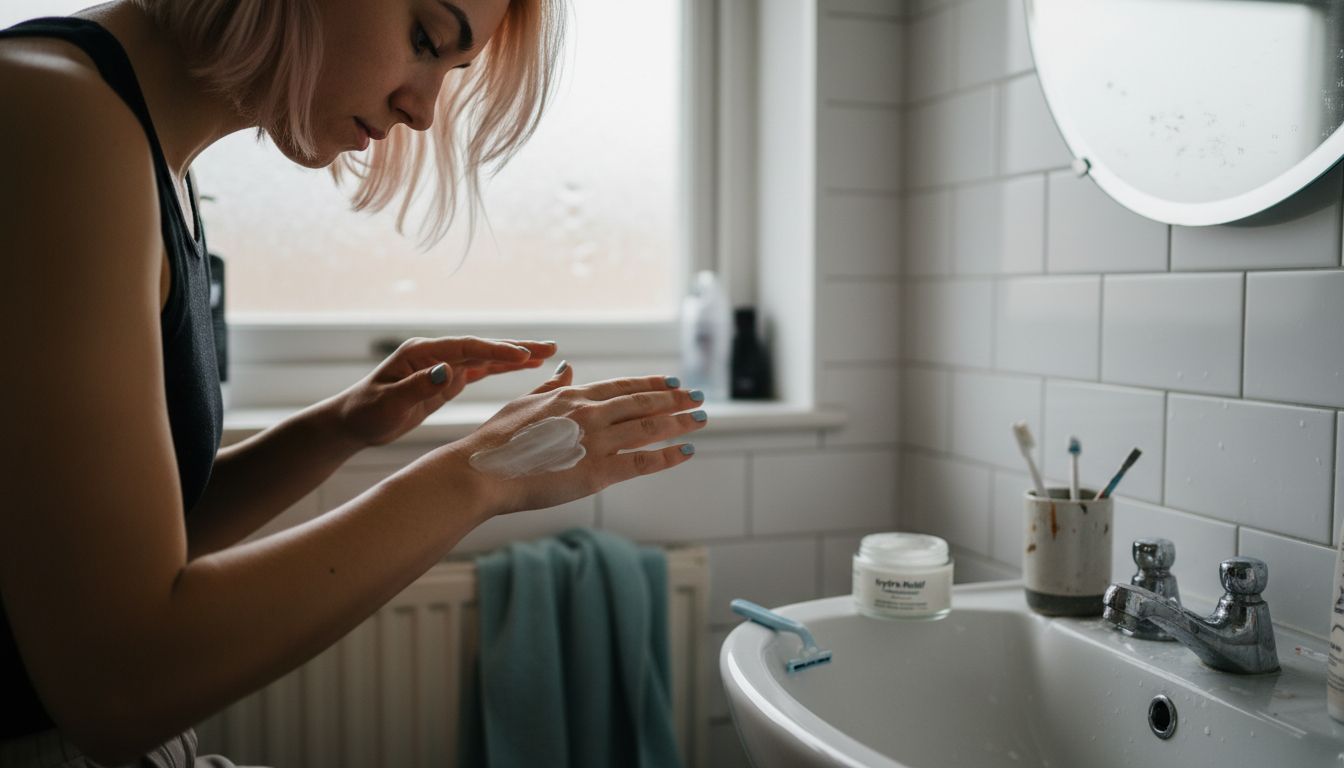 Woman applies anesthetic cream to cleaned arm