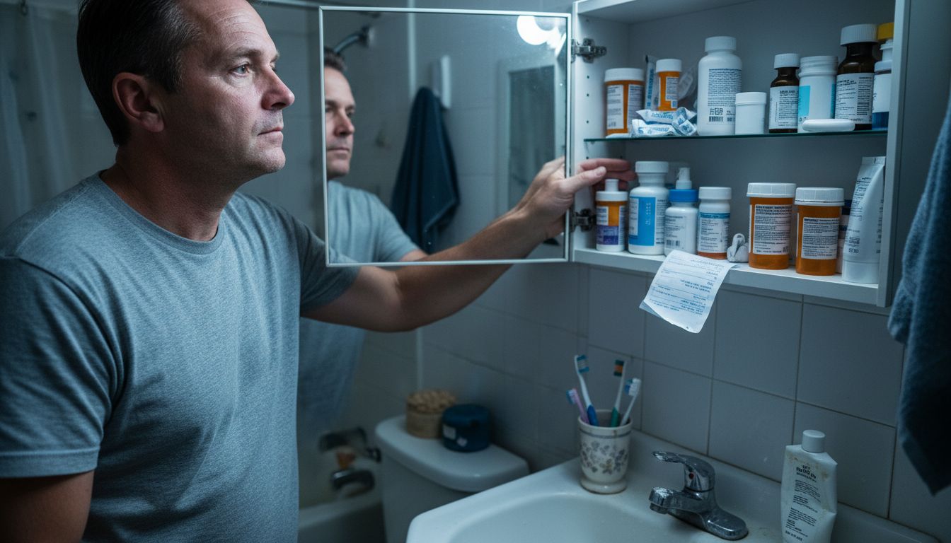 Man checking medicine cabinet for treatments