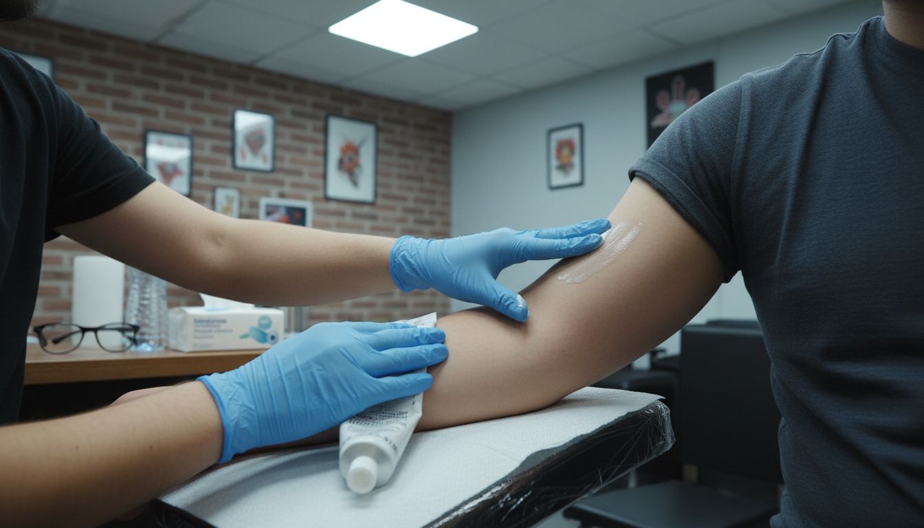 Applying numbing cream before tattooing