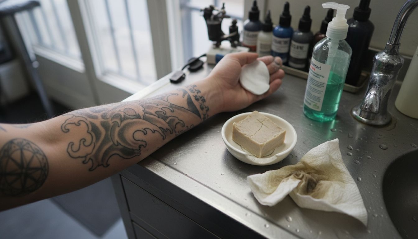 Cleaning forearm before tattoo session