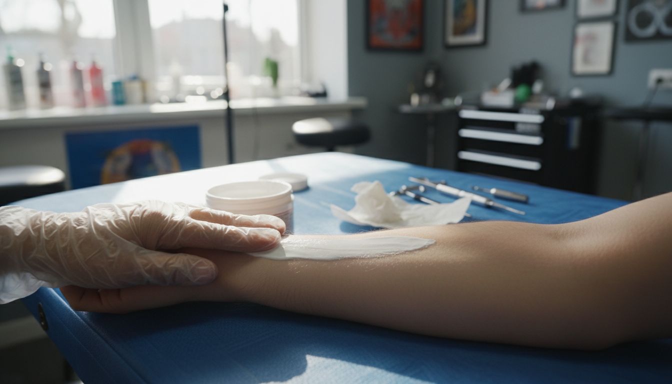 Closeup applying cream to inner forearm