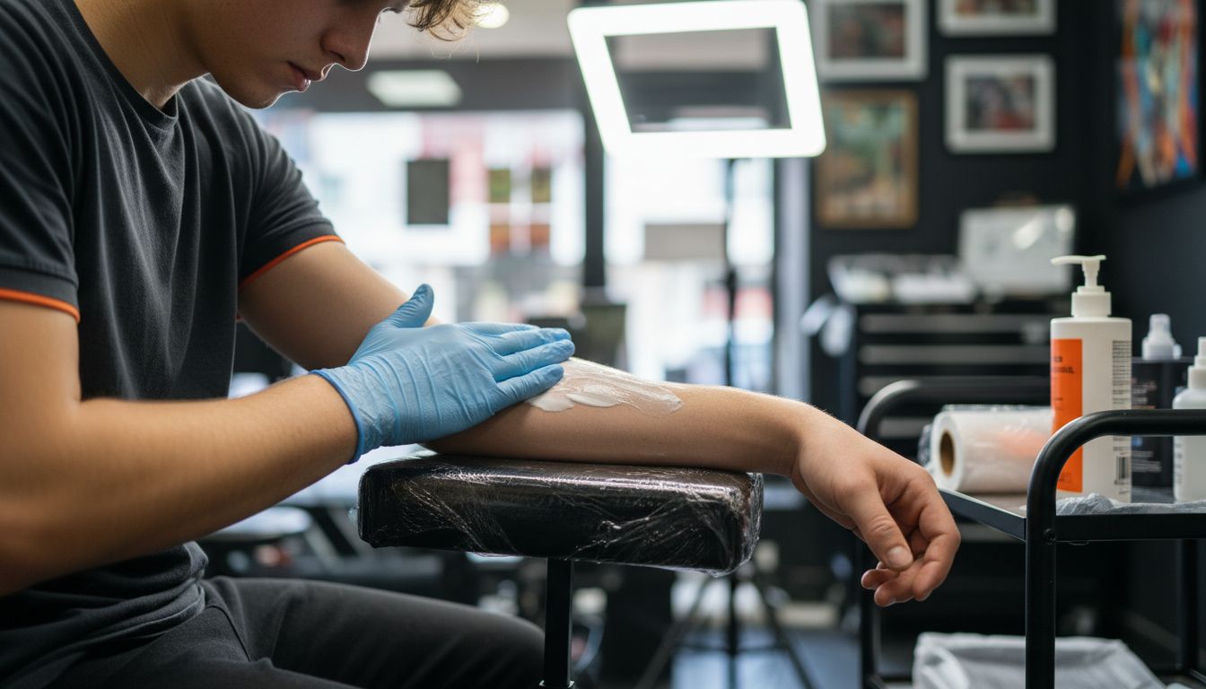 Applying numbing cream before tattoo session