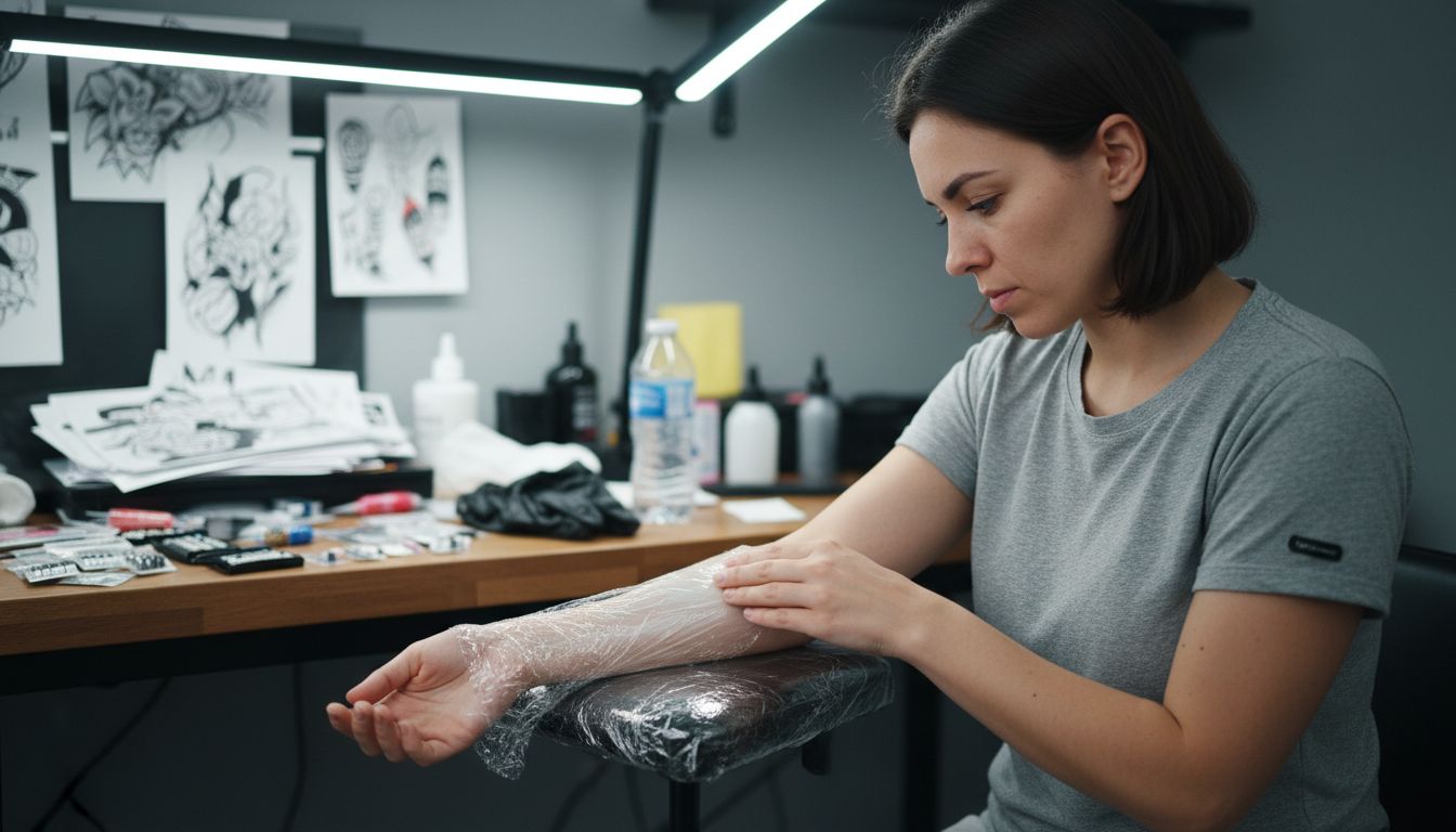 Woman covering arm with numbing cream and wrap