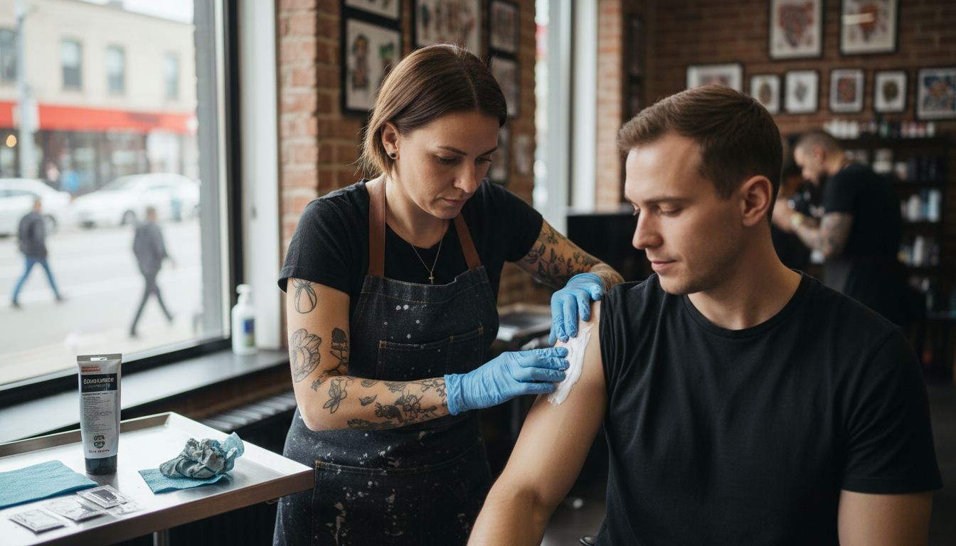 Tattoo artist spreading numbing cream on arm