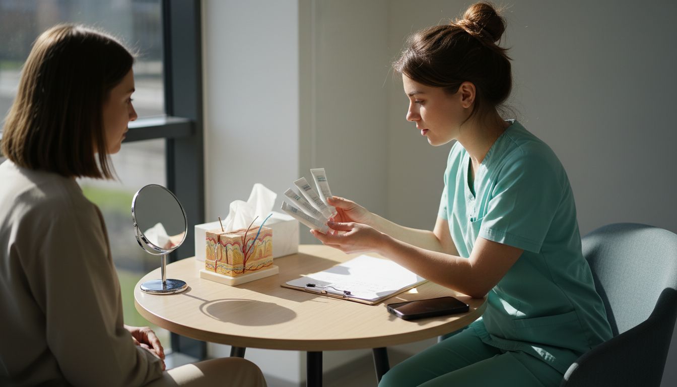 Dermatologist showing anesthetic cream to client