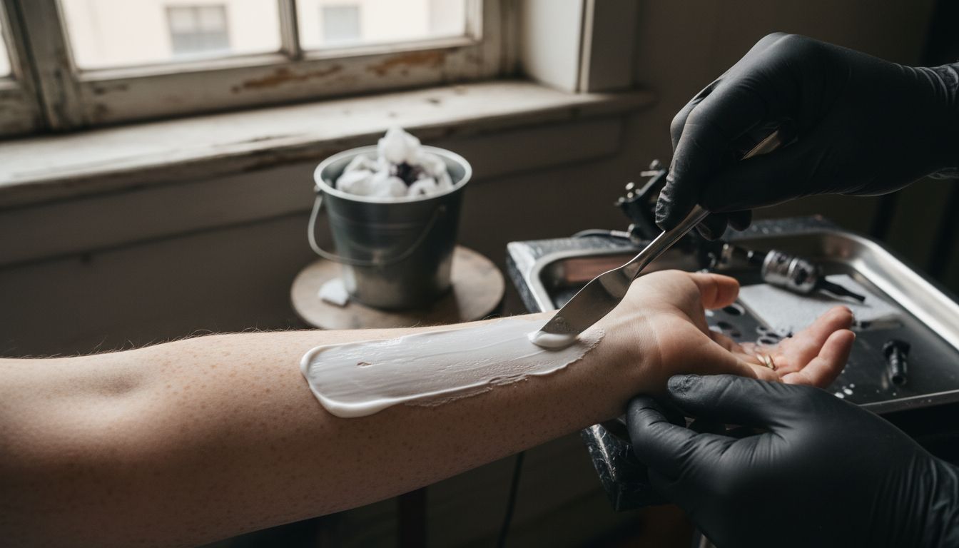 Applying numbing cream before tattooing