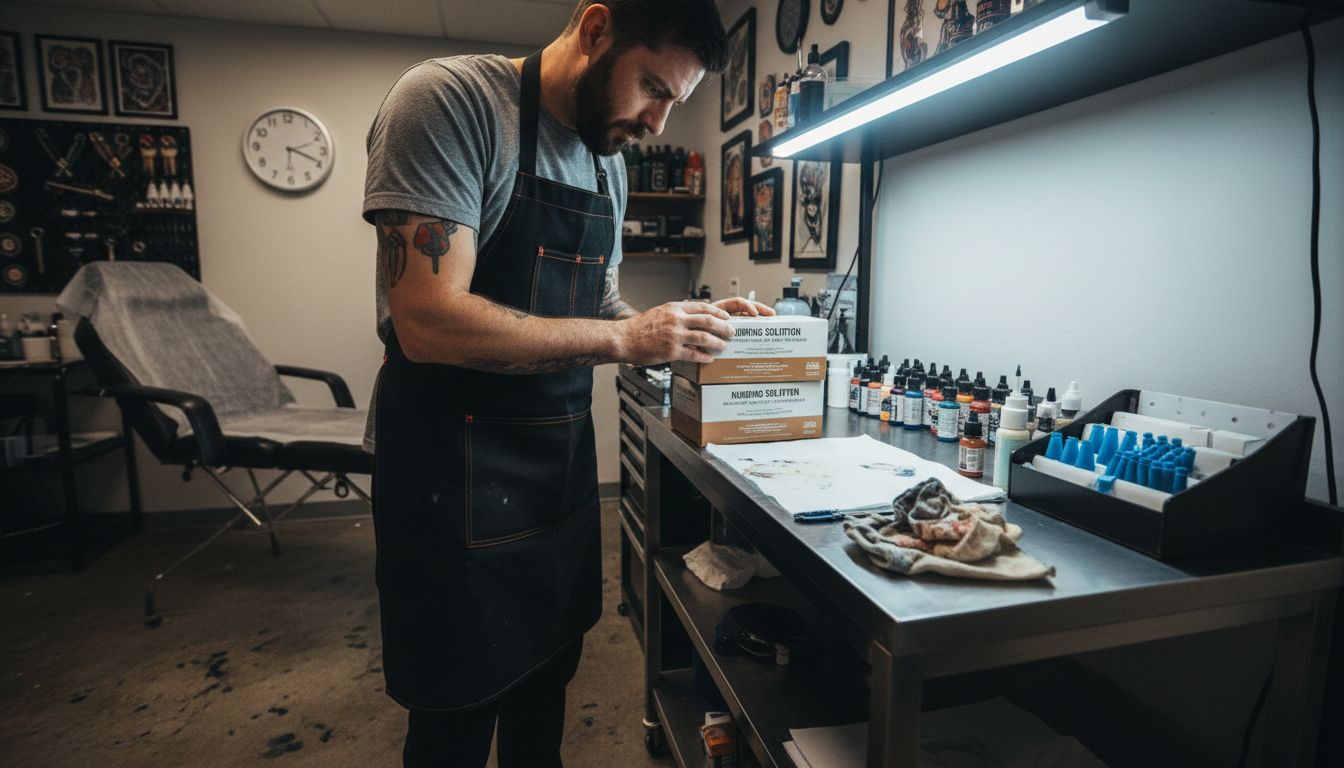 Tattoo artist evaluating numbing cream packages