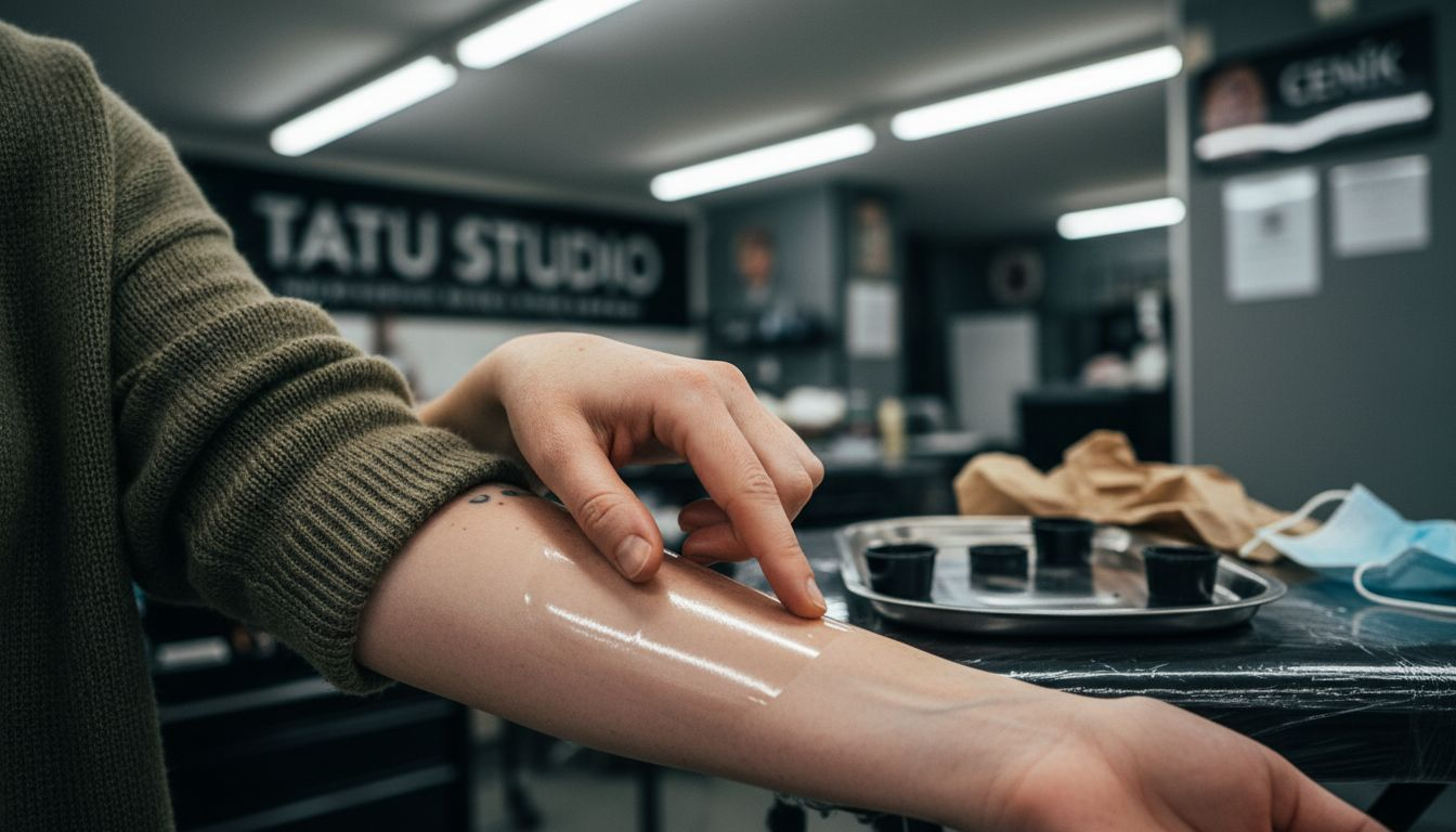 Klient si před tetováním zkouší, jestli má kůži dostatečně znecitlivělou.