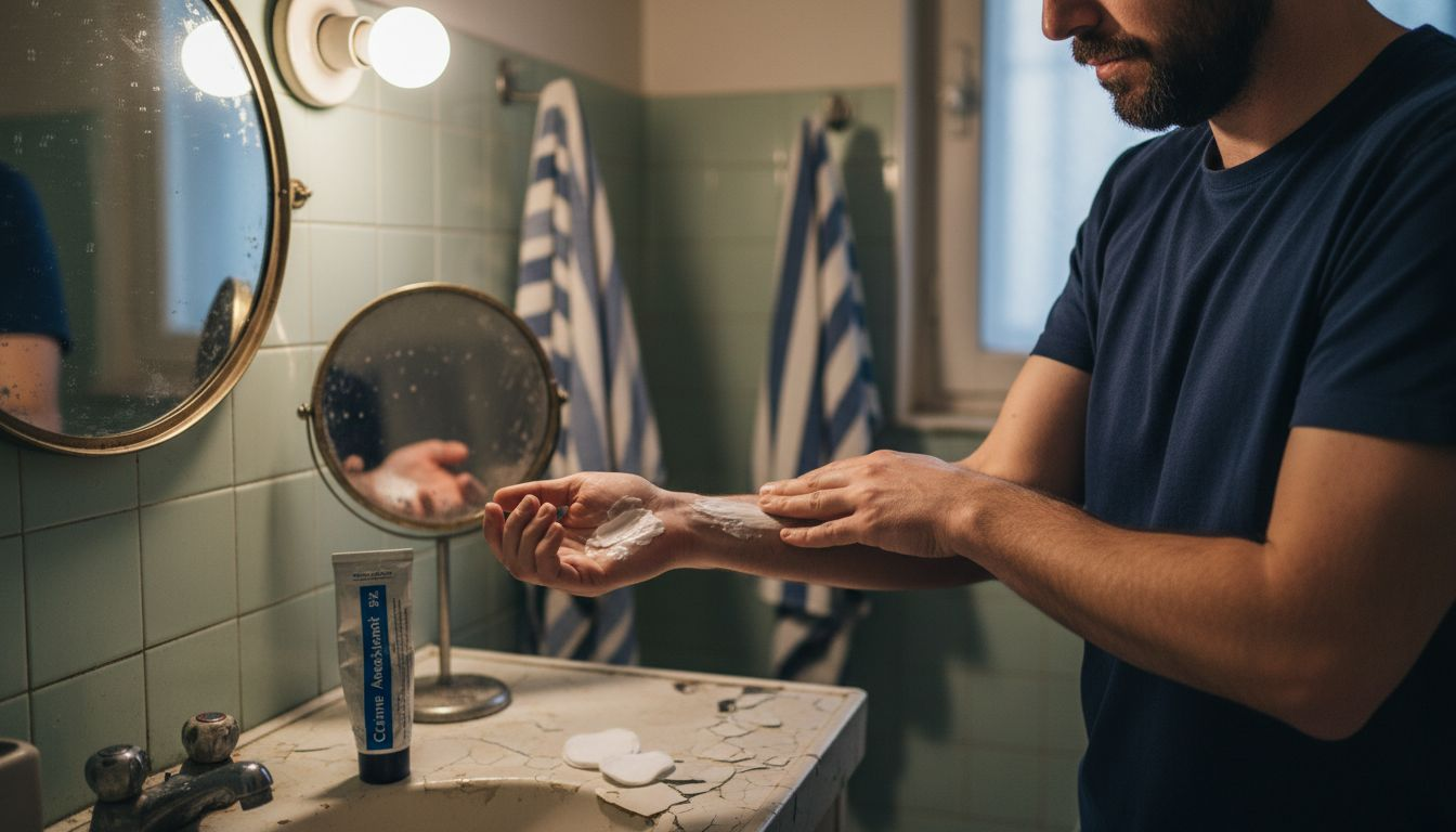 Un homme applique une crème anesthésiante sur sa peau avant de se faire tatouer.
