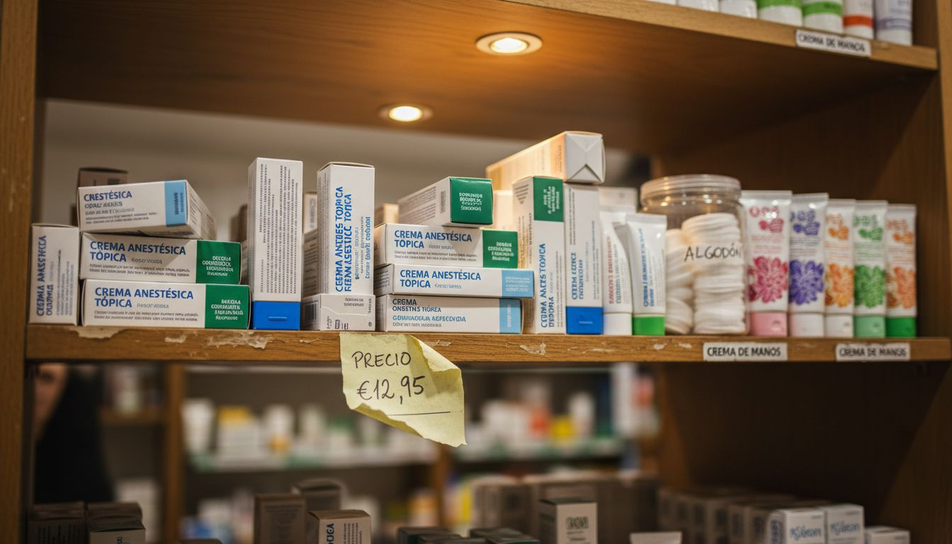 Estante con cremas anestésicas en una farmacia europea