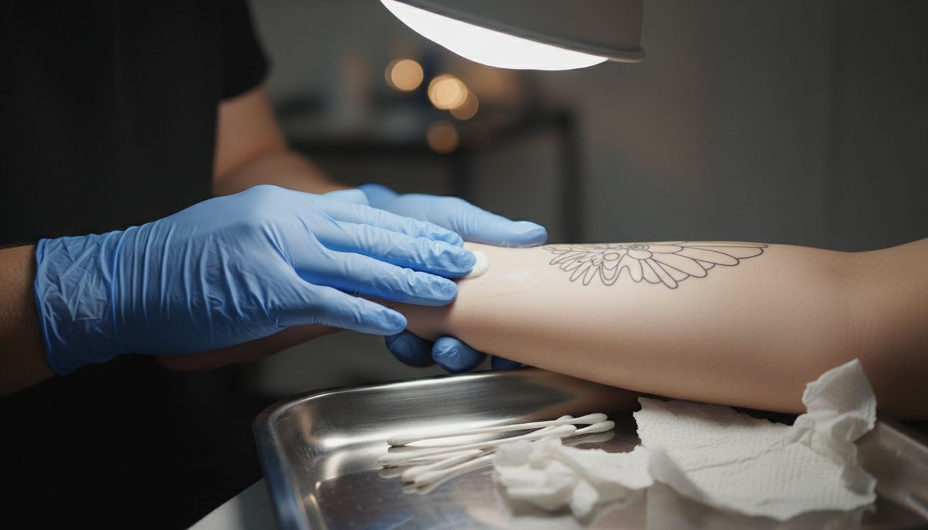 Mit Einweghandschuhen wird eine betäubende Creme auf die Haut aufgetragen, um die Tätowierung angenehmer zu machen.