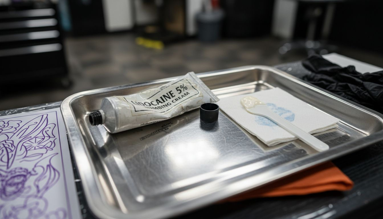 Lidocaine numbing cream tube close-up tattoo studio