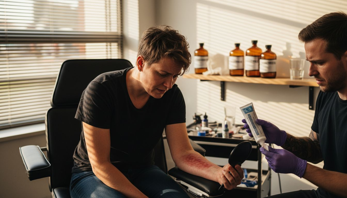 Die Kundin prüft nach dem Auftragen der Betäubungscreme, ob eine Hautreaktion auftritt.