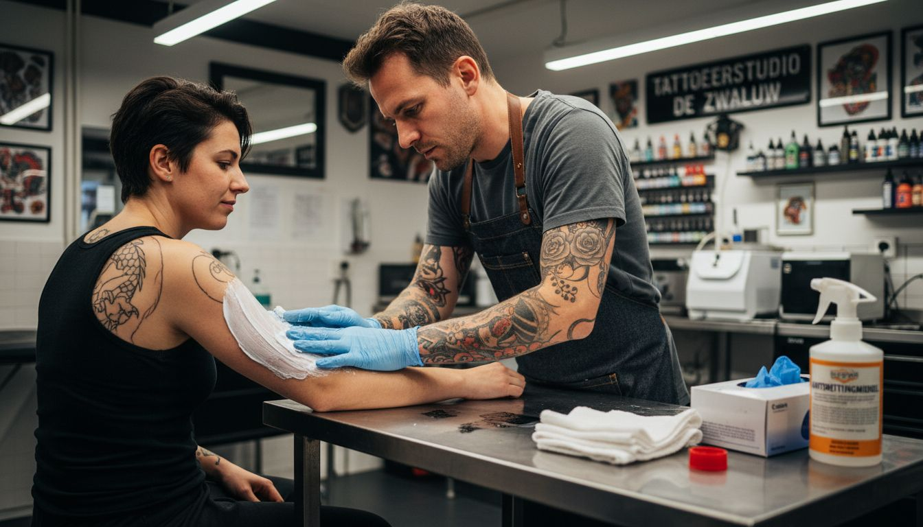 De tatoeëerder brengt verdovende crème aan bij de klant.