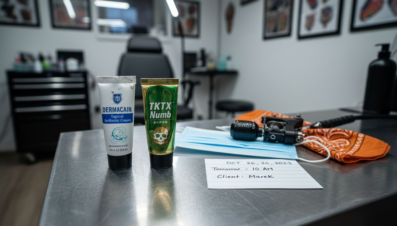 Dermacain and TKTX numbing creams in tattoo studio