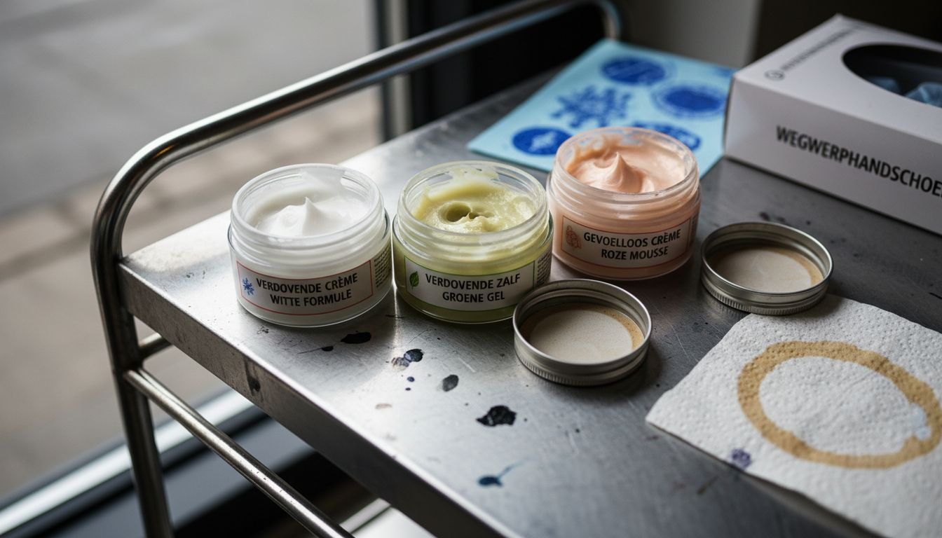 Op de tafel liggen verschillende soorten verdovende crèmes klaar voor het zetten van een tattoo.