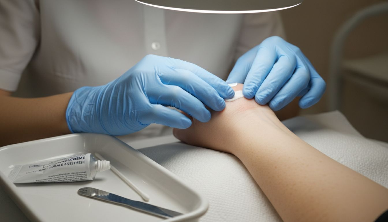 Rond de wenkbrauwen is een verdovende crème aangebracht.