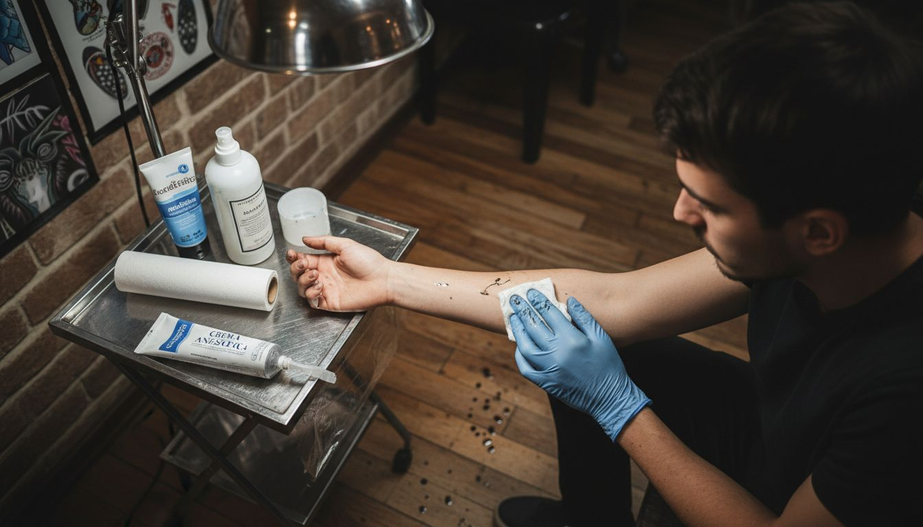 El tatuador desinfecta la piel antes de aplicar la anestesia.