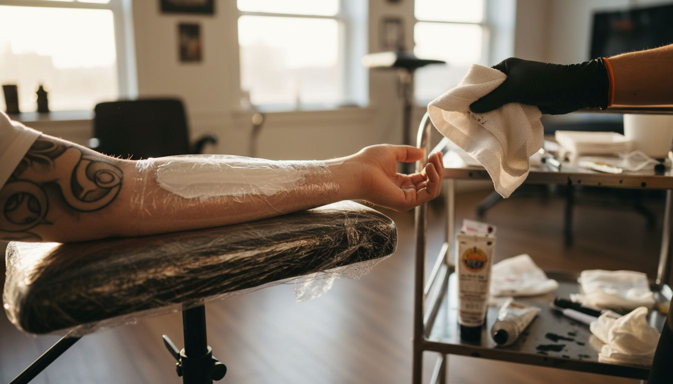 Numbing cream covered forearm in tattoo studio