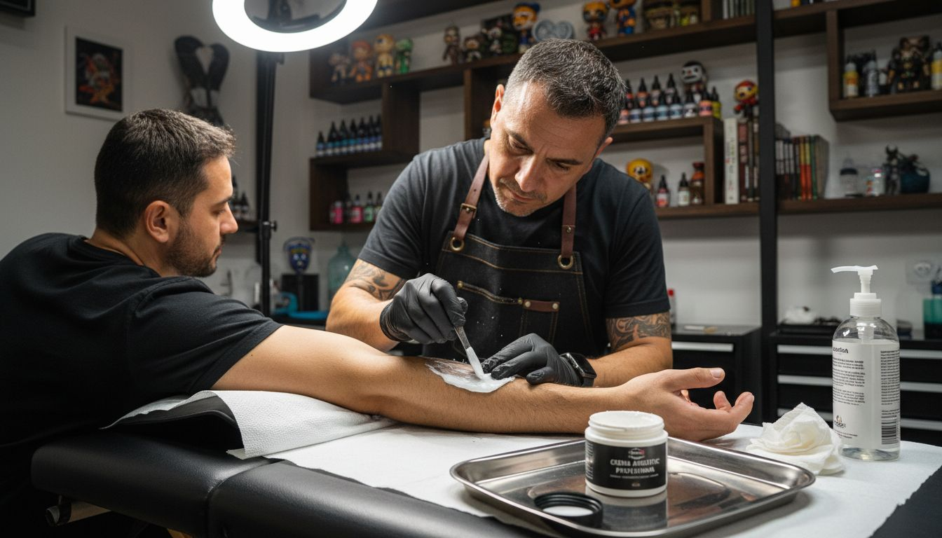 Antes de empezar el tatuaje, aplicamos cuidadosamente la crema anestésica para asegurar la máxima comodidad.