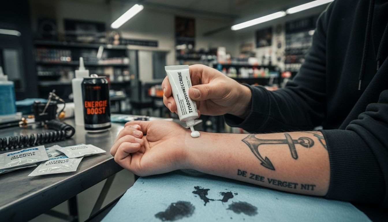 Close-up van handen die een verdovende crème aanbrengen op een tatoeageplek
