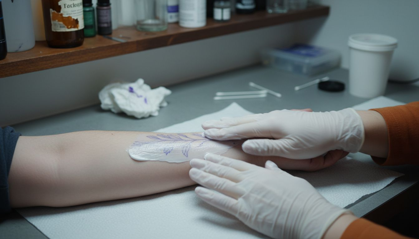 Gloved hands applying cream before tattoo