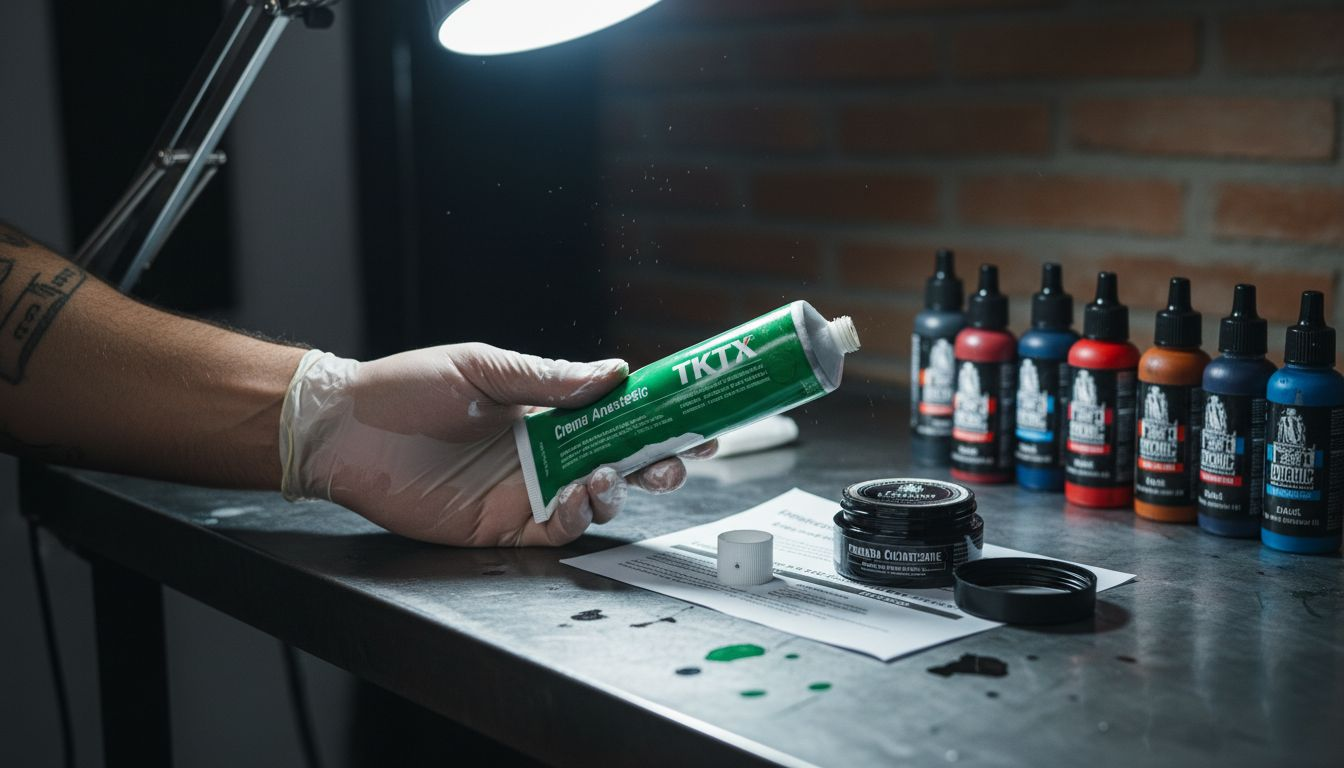 Crema anestésica en tubo y materiales para tatuar