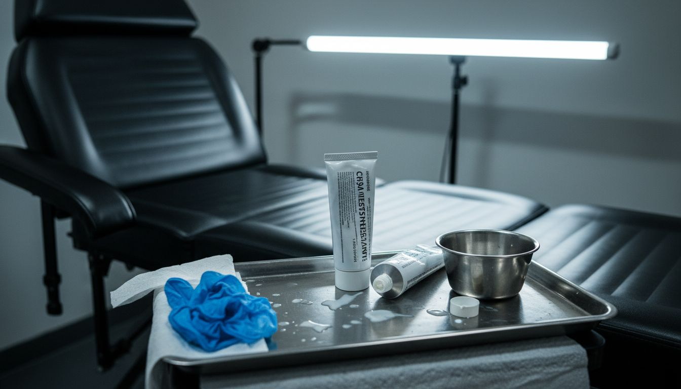 Plateau avec tubes de crème anesthésiante spécialement conçus pour le tatouage