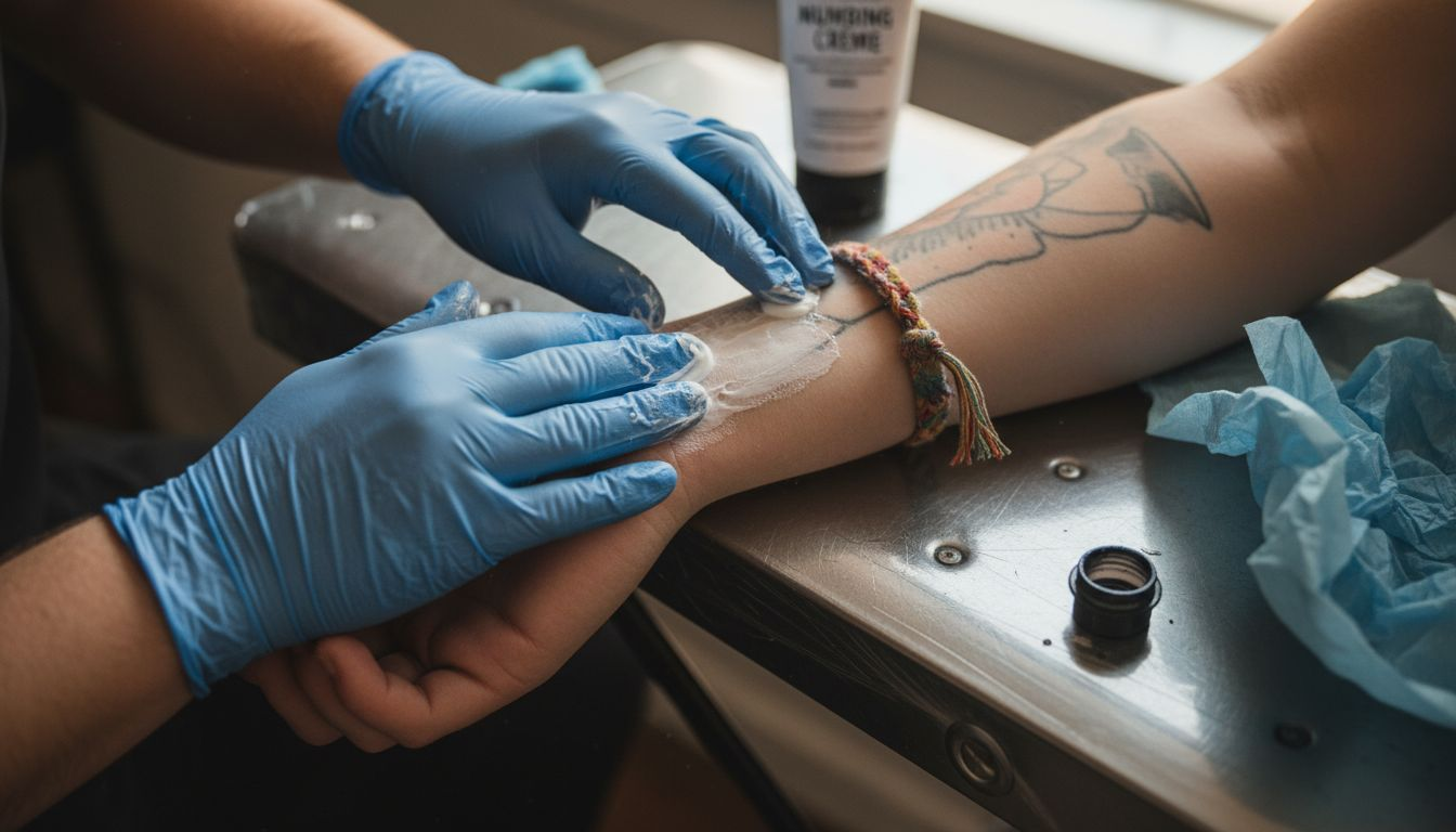 Een hand brengt verzorgende crème aan op een vers gezette tatoeage.