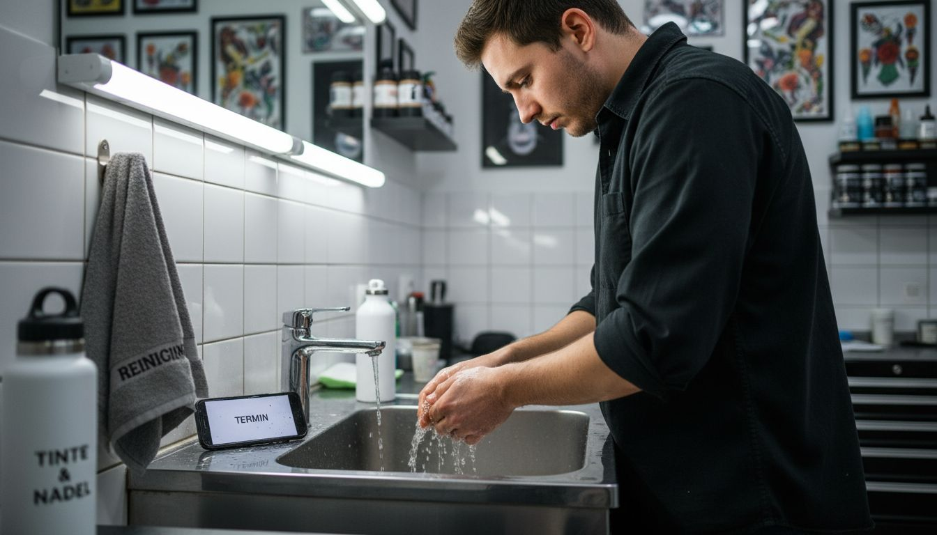 Vor dem Auftragen der betäubenden Creme wäscht sich der Mann gründlich die Hände.