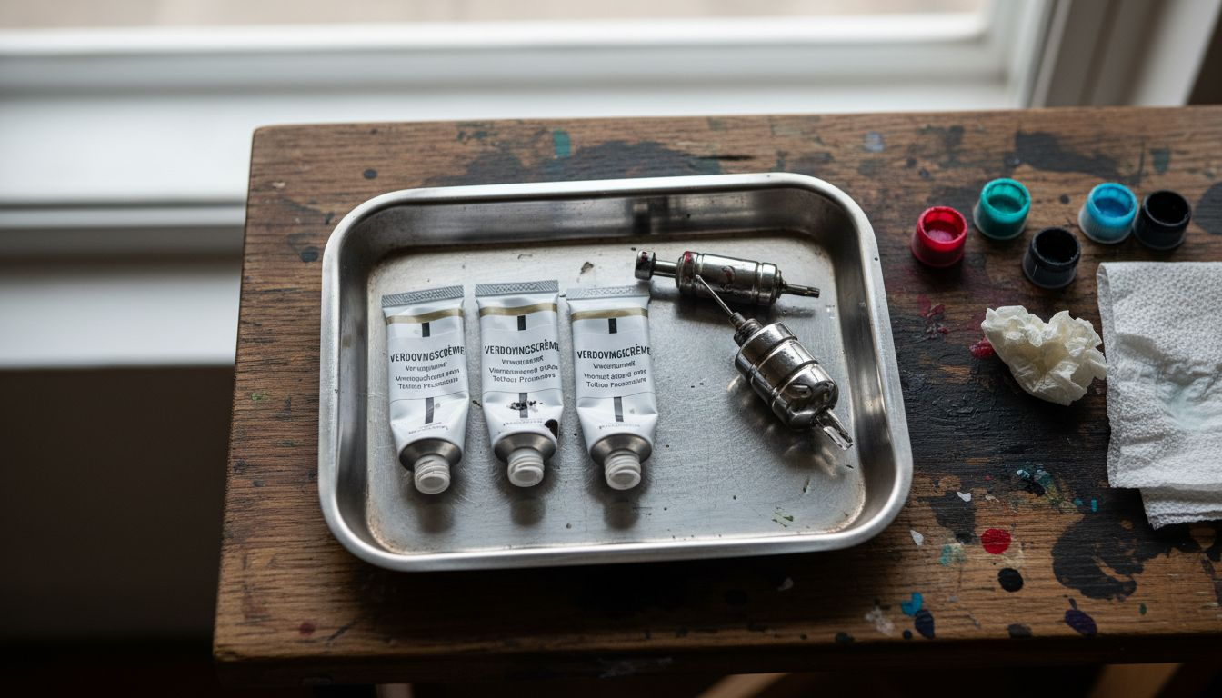 Een verdovende crème en een tattoomachine liggen klaar op het werkblad in de studio.