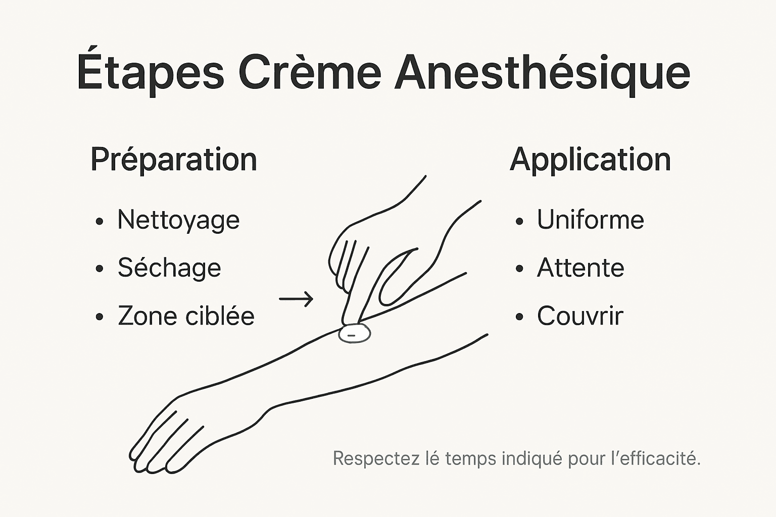 Schéma illustrant les étapes d’application d’une crème anesthésiante