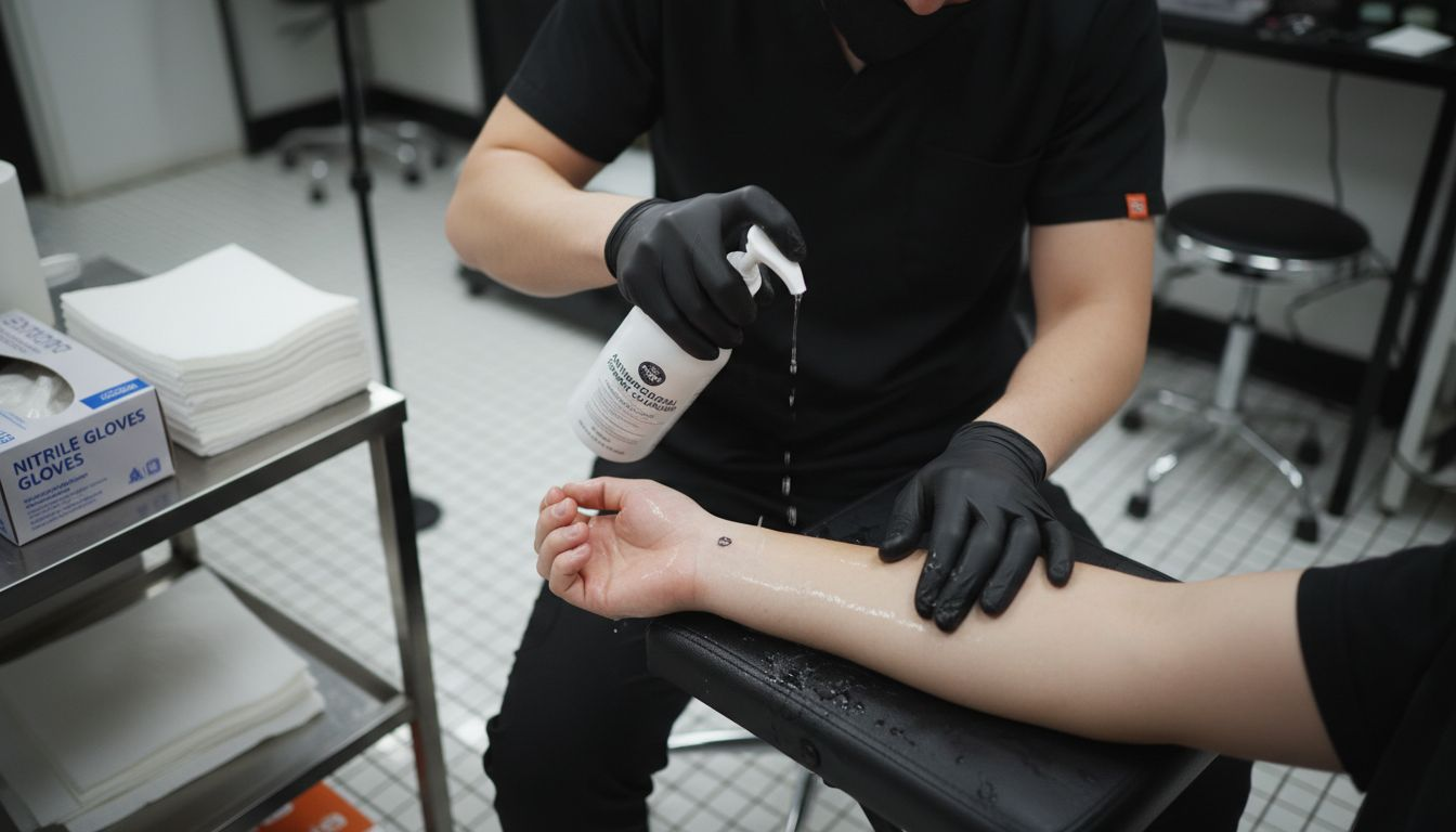 Tattoo artist cleaning client’s forearm