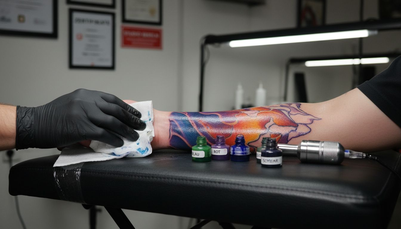Nahaufnahme eines Tattoos – nach dem Abwischen sind die Farbunterschiede deutlich zu erkennen.