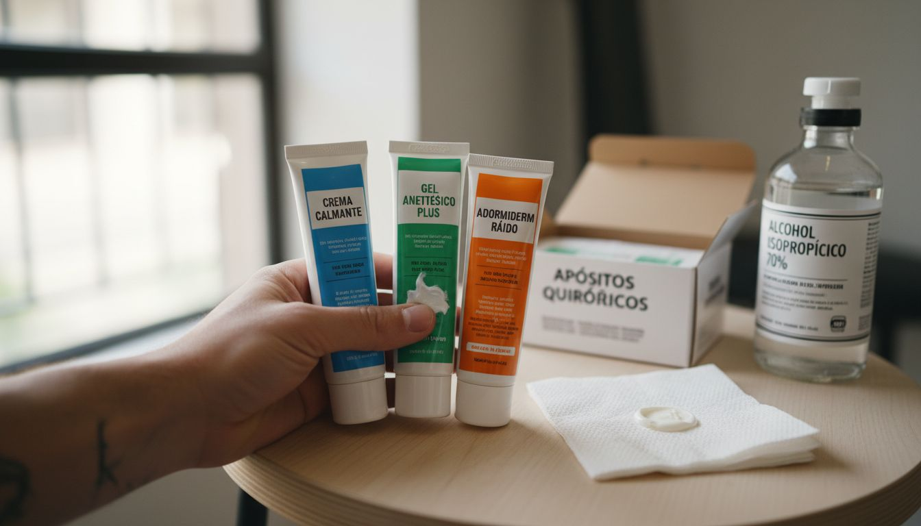 Sobre la mesa se encuentran varios tubos de crema anestésica junto con sus respectivos accesorios.