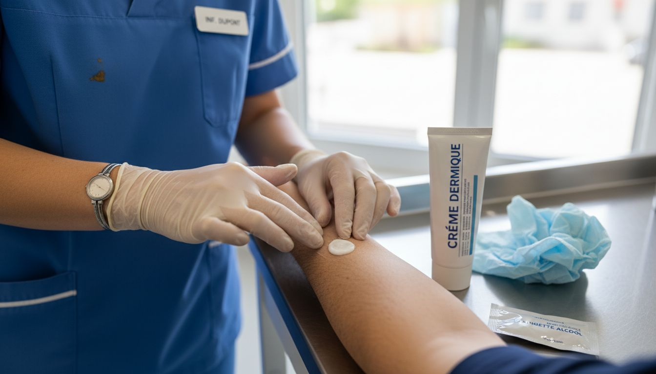 Gros plan sur une infirmière en train d’appliquer une crème anesthésiante avant un test cutané.