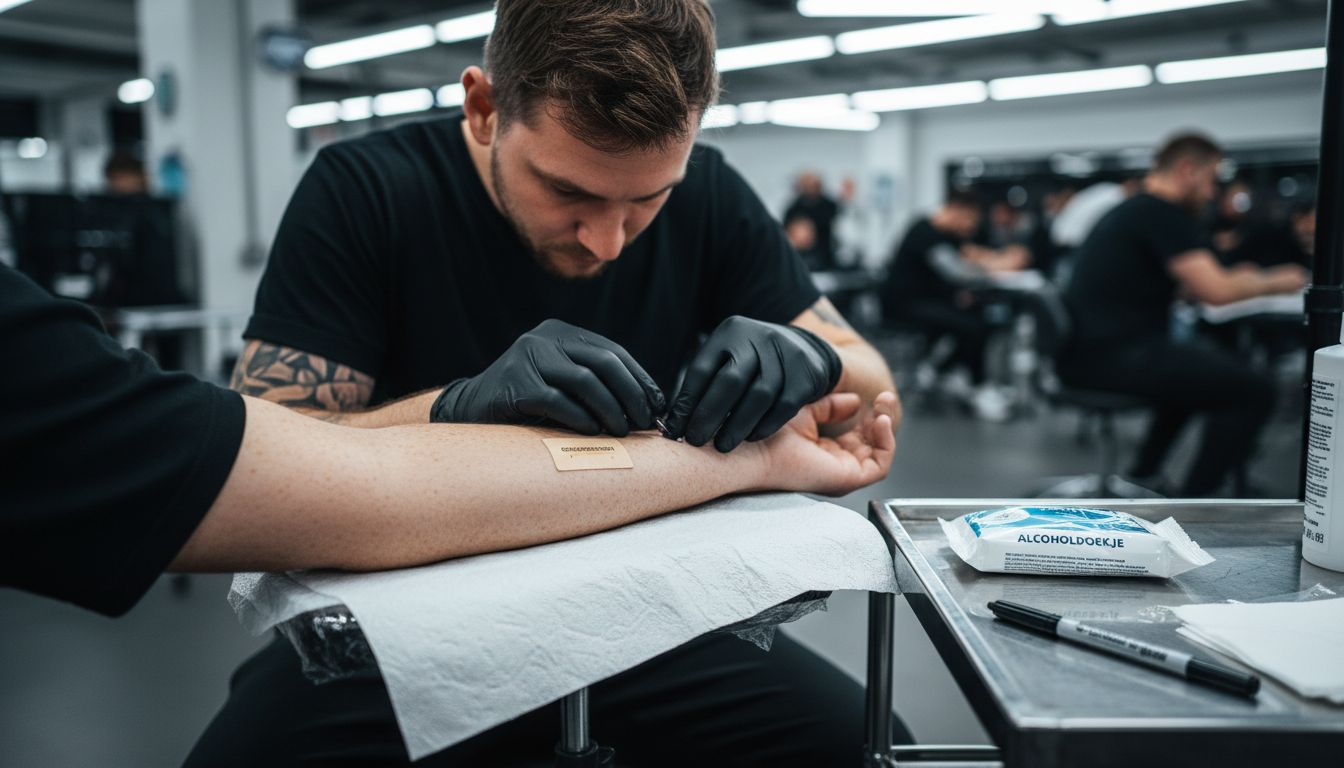 De tatoeëerder bekijkt aandachtig de huid op de onderarm van de klant.