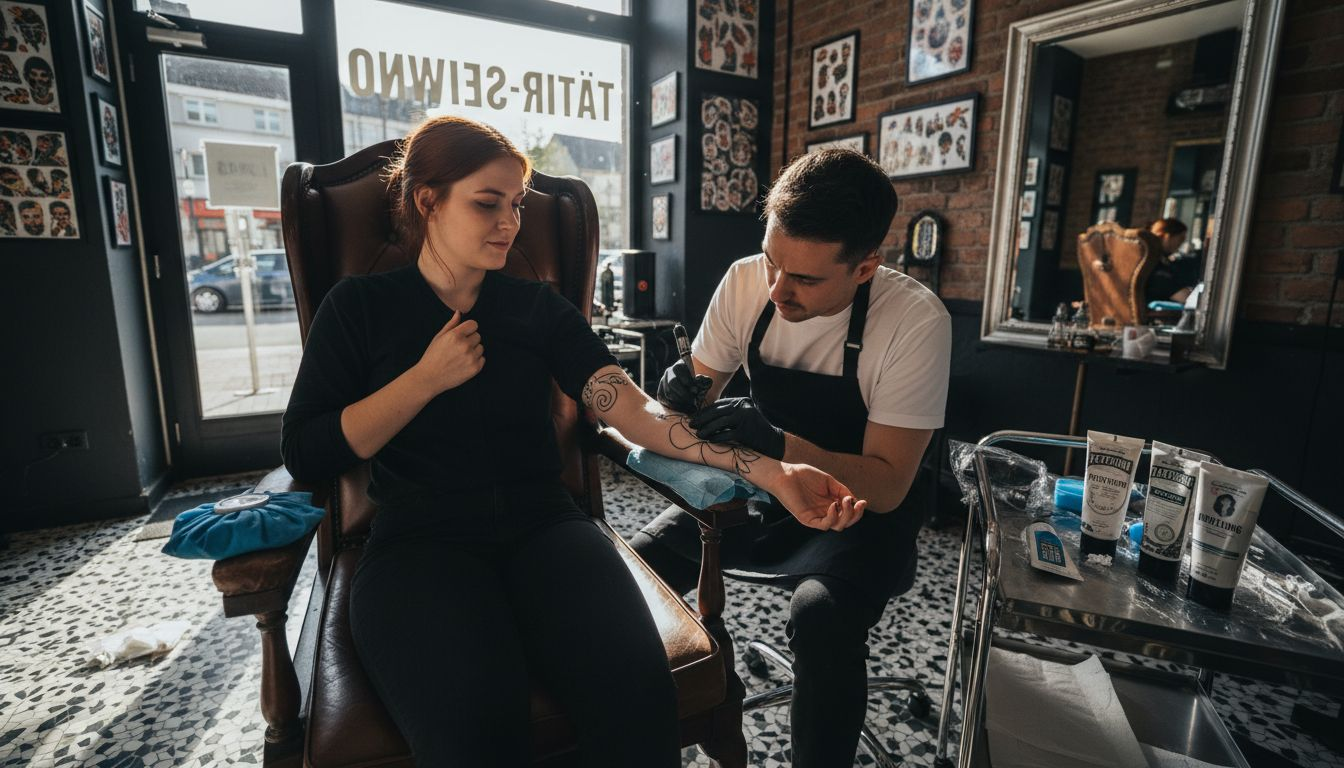 Eine Kundin lässt sich ein Tattoo stechen und nutzt dabei eine schmerzlindernde Methode.