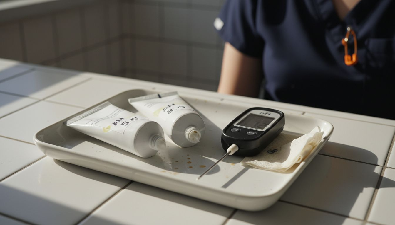 Closeup of two numbing creams with pH labels